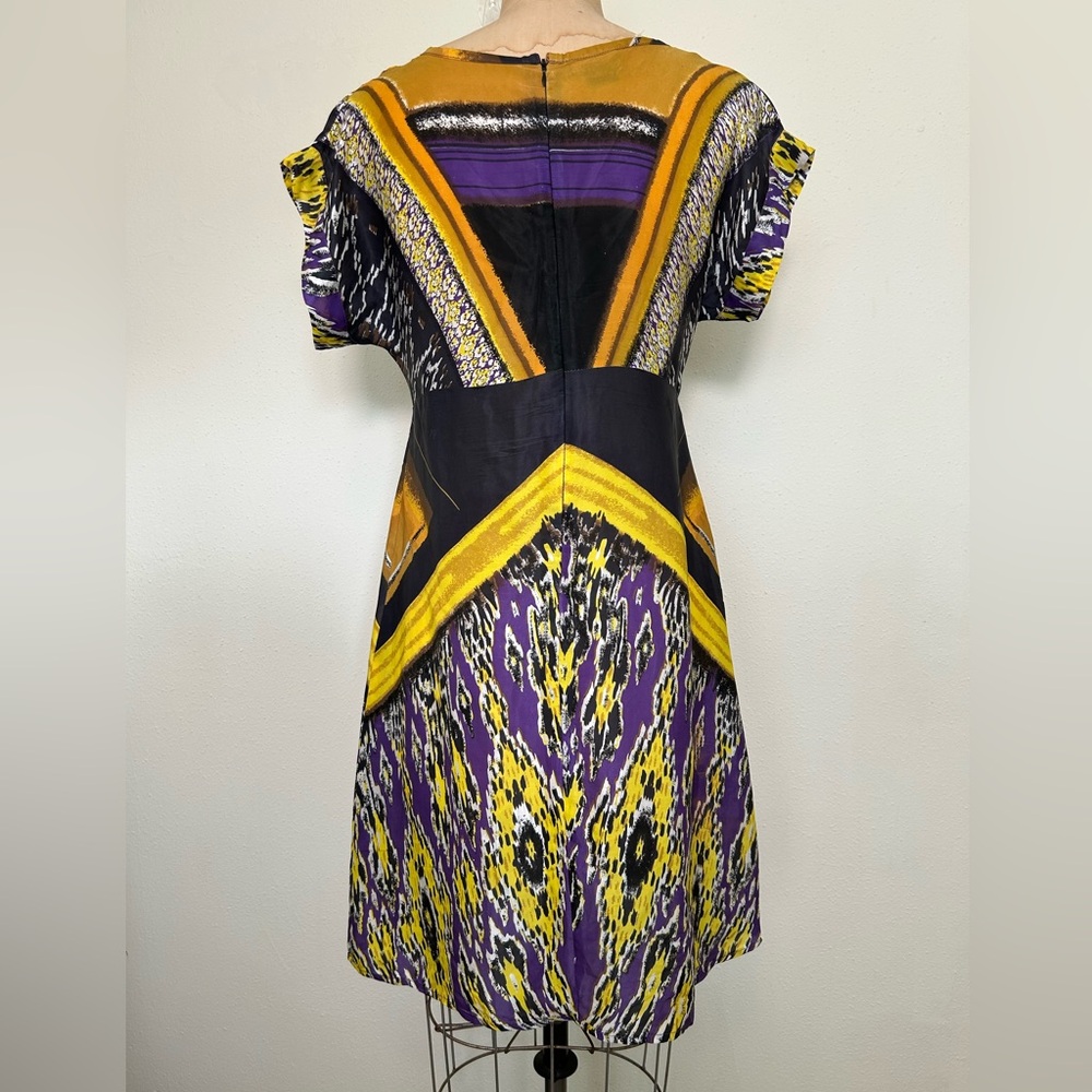 Kenar Dress Women's XL Purple Yellow Tribal Print V-Neck Silk Cap Sleeve Midi - Picture 3 of 9